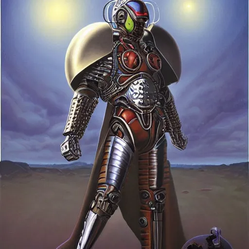 Prompt: the edge of the universe (on film), cybernetic cyborg warrior wearing a cloak , by Vladimir Kush and Donato Giancola