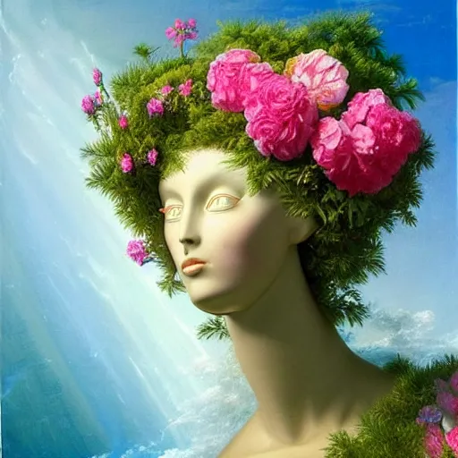 Image similar to award winning masterpiece with incredible details, a surreal vaporwave vaporwave vaporwave vaporwave vaporwave painting by Thomas Cole of an old pink mannequin head with light beaming out of its eyes, flowers growing out of its head, sinking underwater, highly detailed, WOW