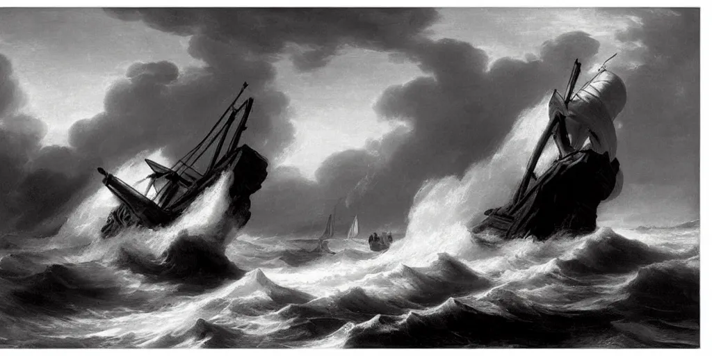Image similar to A wooden ship wreck muscular sailors waves swell black and white Renaissances painting by George Romney