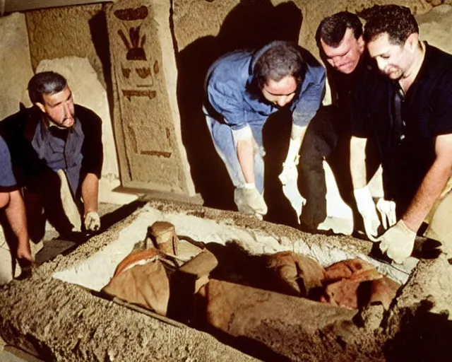 Image similar to vintage 3 5 mm color photo of a team of archaeologists opening up a sarcophagus in an egyptian tomb