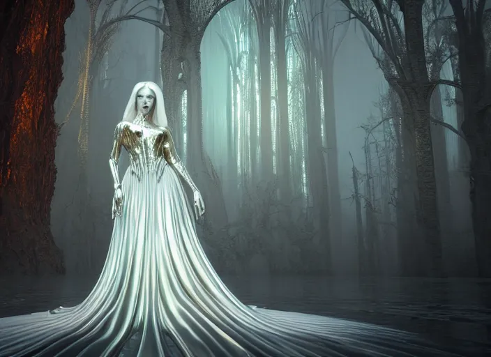 Prompt: beauteous sumptuous gothic vampire queen, elegant pose, white pearlescent, chrome, iridescent titanium, crystal, liquid gold, copper, bronze, by victoria frances, cinematic forest lighting, crystalline masterpiece incrustations, hyperdetailed metalwork, in volumetric soft glowing mist, movie still, octane render, unreal engine, crepuscular rays,