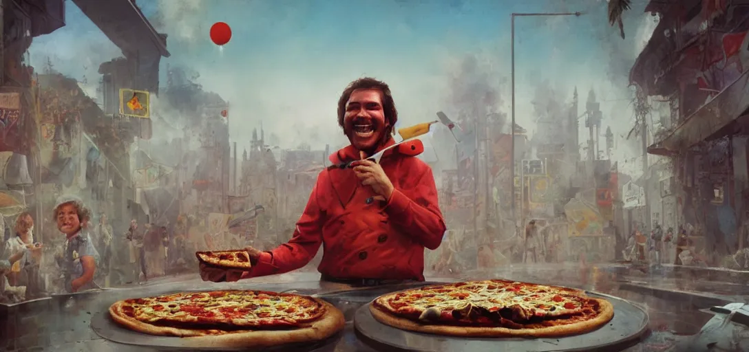 Image similar to a pizza winning the nobel peace prize, 80s style, smiling maniacally, 8k, james gurney, greg rutkowski, john howe, artstation