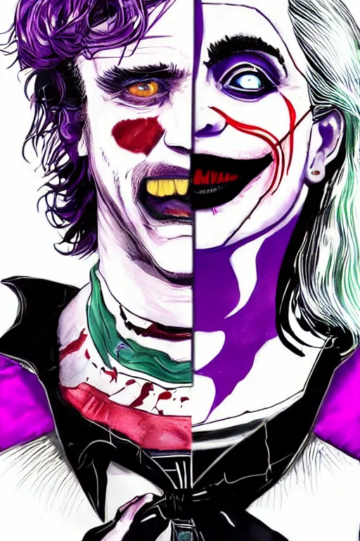 Image similar to joaquin phoenix as joker and lady gaga as harley quin love each other, fix duplicate content!, violet polsangi pop art, gta chinatown wars art style, bioshock infinite art style, incrinate, realistic anatomy, hyperrealistic, two colors, white frame, content proportion