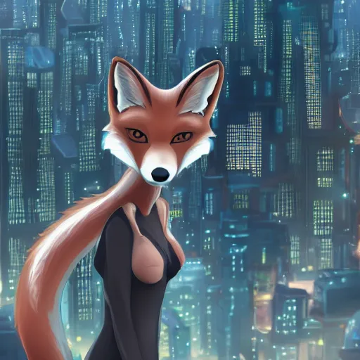 Prompt: an anthropomorphic fox, holding her hands together behind her back staring over a futuristic city from the top of a roof, wide shot, over the shoulder shot, highly coherent, trending on furaffinity
