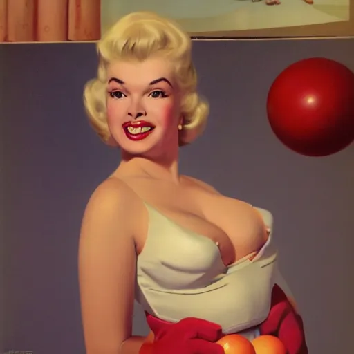 Prompt: Let's go bowling with Jayne Mansfield, voluptous bosom with cleavage:: smile and showing face, middle shot, exciting, fun, realistic character concept, curvy bosomy body:: red bowling ball:: artstation, cinematic lighting, hyperdetailed, cgsociety, 8k, high resolution:: Gil Elvgren, Mort Kunstler, Samson Pollen, Robert Maguire comic:: insanely detailed and intricate