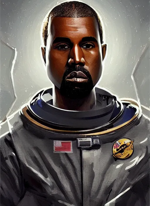 Prompt: pinted full body portrait of kanye west as an astronaut by greg rutkowski, he is about 3 0 years old, short blond hair, athletic and strong, straight jaw, wearing futuristic space gear, highly detailed portrait, digital painting, artstation, concept art, smooth, sharp foccus ilustration, artstation hq.