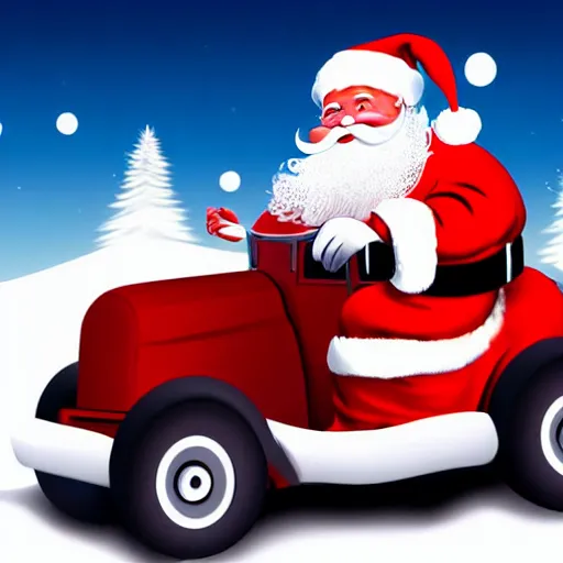 Image similar to Santa Clause driving a rally car he is going fast there is smoke coming from the tires there is snow on the track you can clearly see Santa Clause driving he is fat and jolly, realistic lighting, realistic shadows, highly reflective, photo realistic, hyper realistic