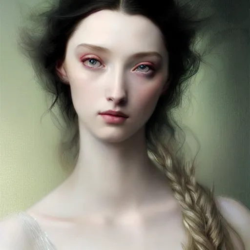 Prompt: beautiful striking Pre-Raphaelite Emma Dumont by Artgerm and Greg Rutkowski, pale, intricate, elegant, highly detailed, digital painting