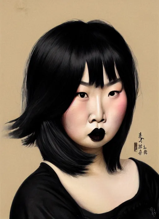 Prompt: portrait of a plump asian woman with a crooked nose and a confident expression, 1 9 6 0 s, black clothes, goth, punk, brightly coloured hair, funk, intricate, elegant, highly detailed, digital painting, artstation, concept art, smooth, sharp focus, illustration, art by wlop, mars ravelo and greg rutkowski