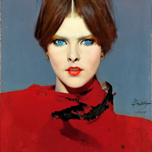 Prompt: Frontal portrait of a woman with ice blue eyes, by Robert McGinnis.