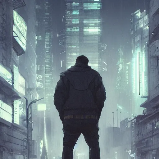 Image similar to A broad shouldered, large man in a techwear outfit, high quality, digital art, dire cyberpunk city, gray sky, neon signs in background, greg rutkowski