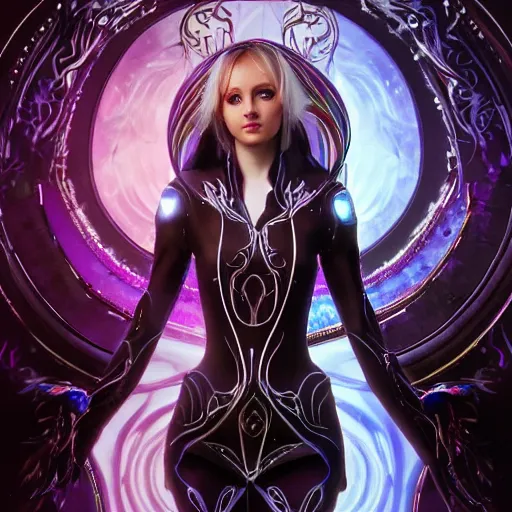 Image similar to A still of an ethereal, mysterious stunning maximalist mesmerizing elven girl from the rainbow sky paradise in Tron: Legacy (2010), high-tech, Victorian gothic lolita fashion, highly detailed, very beautiful painting by artgerm and WLOP, medium shot, cinematic lighting, concept art, artstation, D&D RPG portrait