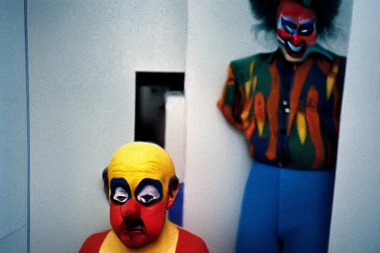 Image similar to close-up color film photography 1970s, sad clown stands in public bathroom, soft light, 35mm, film photo, Joel Meyerowitz