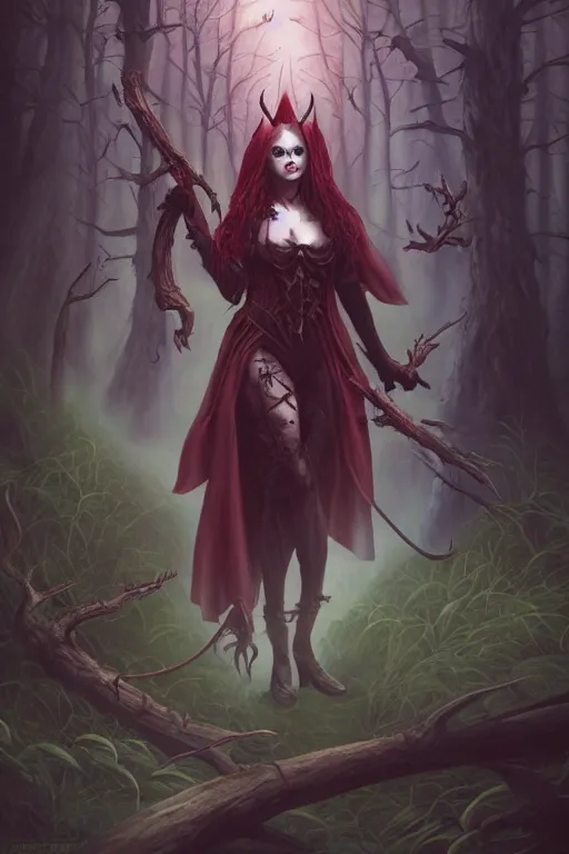 Prompt: satanic witch in the evil forest, fantasy, 8 k resolution, hyper detailed, d & d, character design, digital painting, trending on artstation, sharp focus, illustration, art by artgerm, steve zheng, fuji choko, viktoria gavrilenko, hoang lap