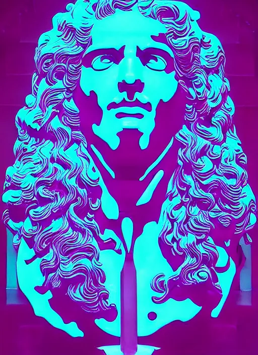 Prompt: bust of dionysus, beeple, vaporwave, retrowave, black background, neon wiring, black, glitch, strong contrast, cuts, pinterest, trending on artstation