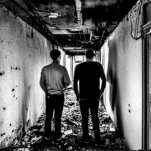 Image similar to two men in black, looking at a black hole in the dark grimy grungy basement of an abandoned apartment block, wires, cables, grainy black and white photography, 2 0 mm lens