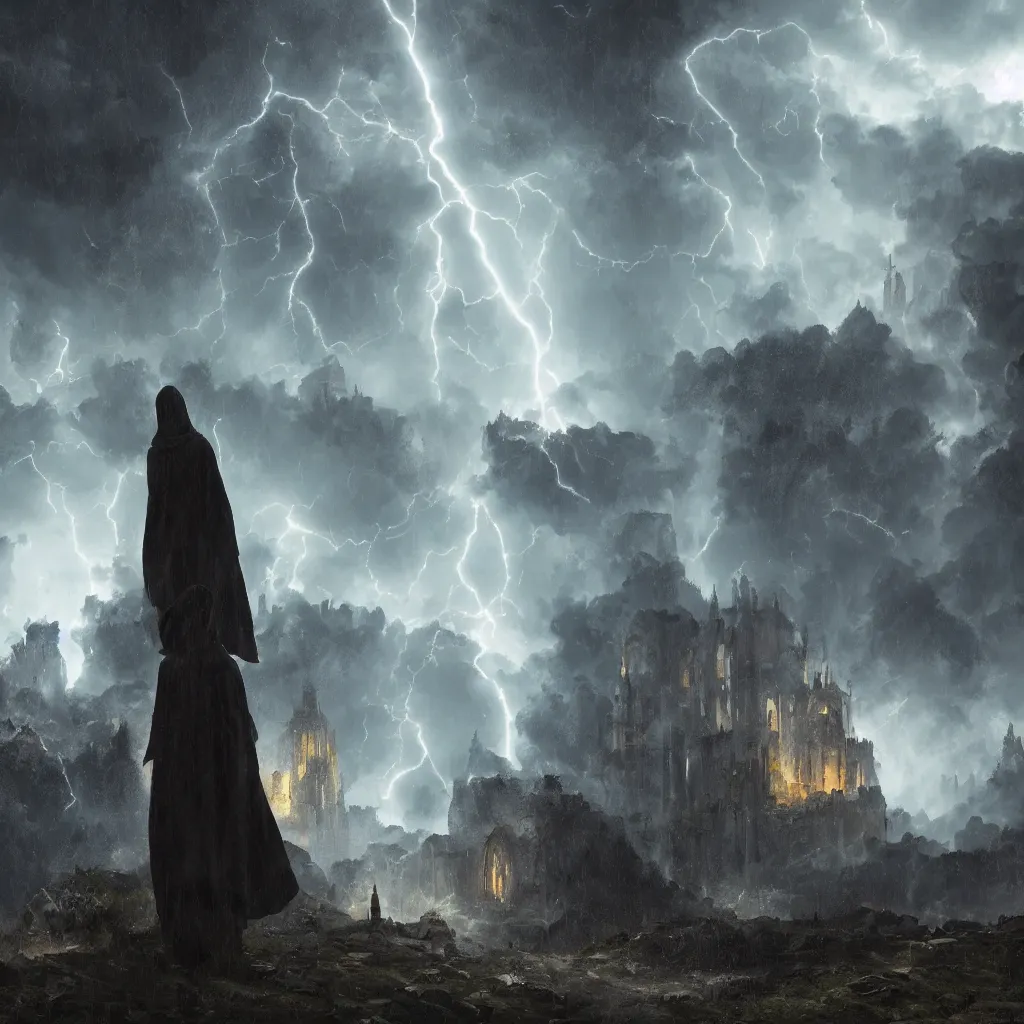 Image similar to a still of a cloaked figure standing in the ruins of crux prime, monastery, there is lightning, blue fiery maelstrom in the distance, it is raining, digital art, artstationhq