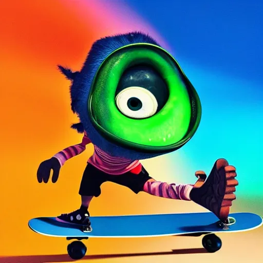 Prompt: “ Mike wazowski doing an Ollie on a skateboard, studio lighting, 4K UHD image, realism”