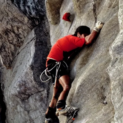 Image similar to sylvester stallone climbing a difficult rock climbing mountain