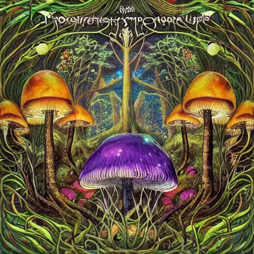 Image similar to psychedelic fantasy forest with glowing mushrooms and eerie trees in the style of Ernst Haeckel and Daniel Merriam, perfect award winning album art