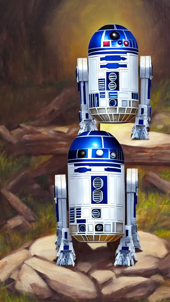 Image similar to an oil painting of r 2 - d 2 sitting by the fire at the ewok encampment. color harmony, 8 k detail, gallery quality, hd wallpaper, premium prints available, hyper - detailed, intricate design.