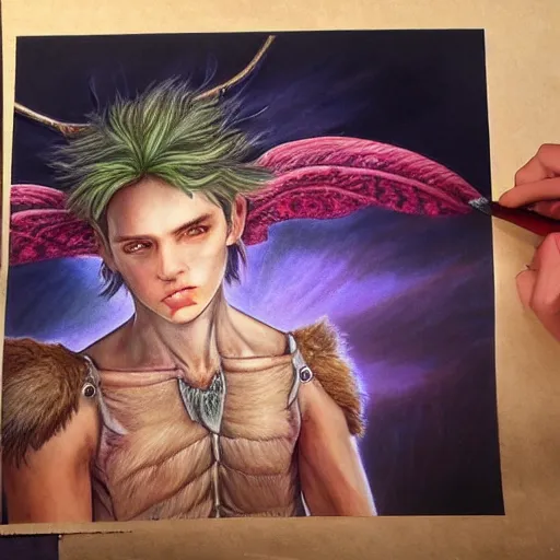 Prompt: hyper realistic color pencil drawing of a young male fairy druid with hawk wings, D&D character Art, detailed, rim light, diffused, intricate