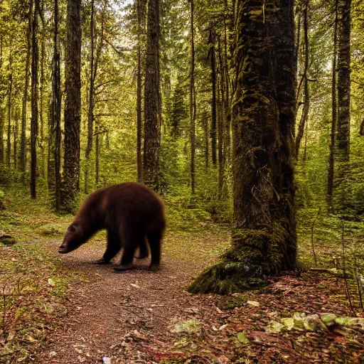 Prompt: A 4k photograph of an photogenic giant short-faced bear walking through a forest full of foilage