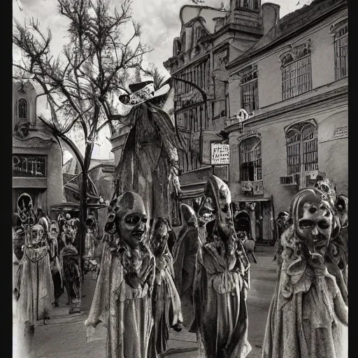 Prompt: ghosts and ghouls parade on main street by dali and tim burton