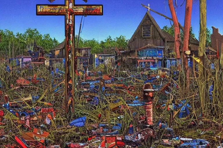 Image similar to scene fromlouisiana swamps, old protestant church with neon cross, junkyard by the road, boy scout troop, voodoo, artwork by jean giraud