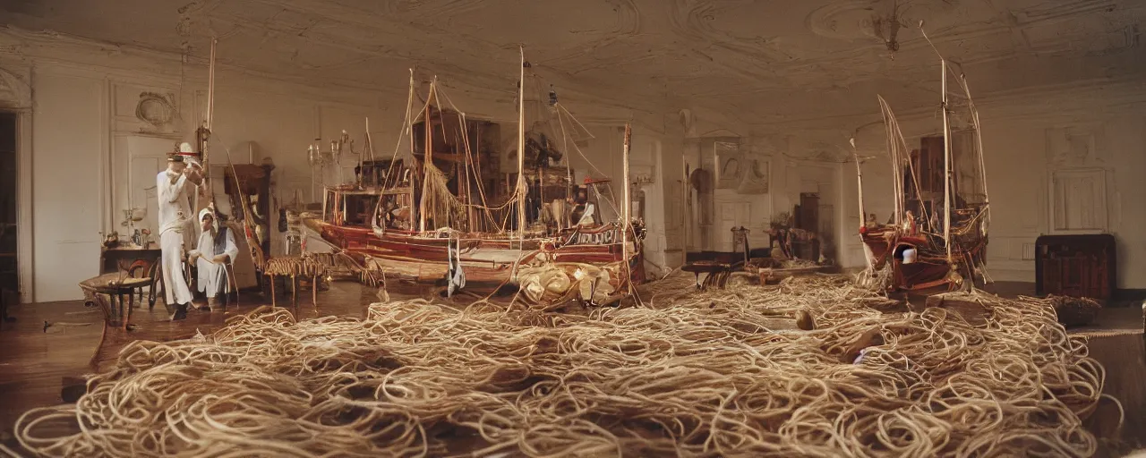 Image similar to british east india company sailing with spaghetti, taxidermized, sharply focused, minimal, 1 0 mm lens, wes anderson film, kodachrome