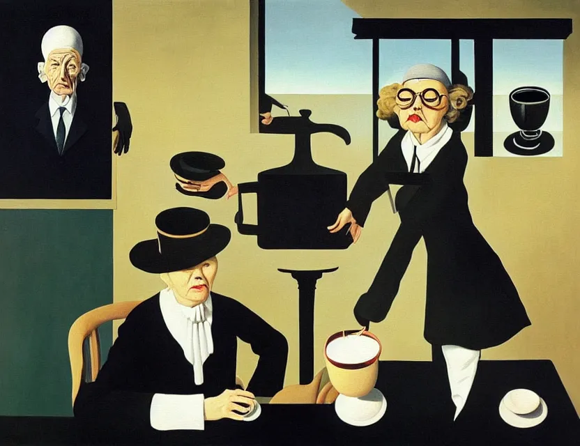 Image similar to a painting of a strange dusty professor in black suite and hat and a old woman making a study of drinking ten cups of black coffee in five seconds in a kitchen that is melting dali, styled by rene magritte