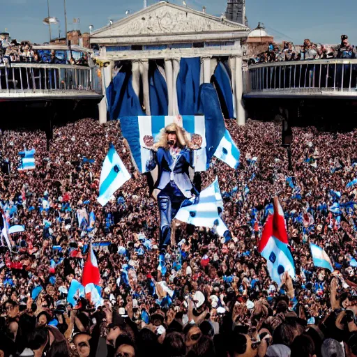 Image similar to Lady Gaga as president, Argentina presidential rally, Argentine flags behind, bokeh, giving a speech, detailed face, Argentina