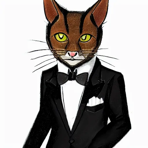 Image similar to d & d style full body portrait, tabaxi male in a tuxedo.