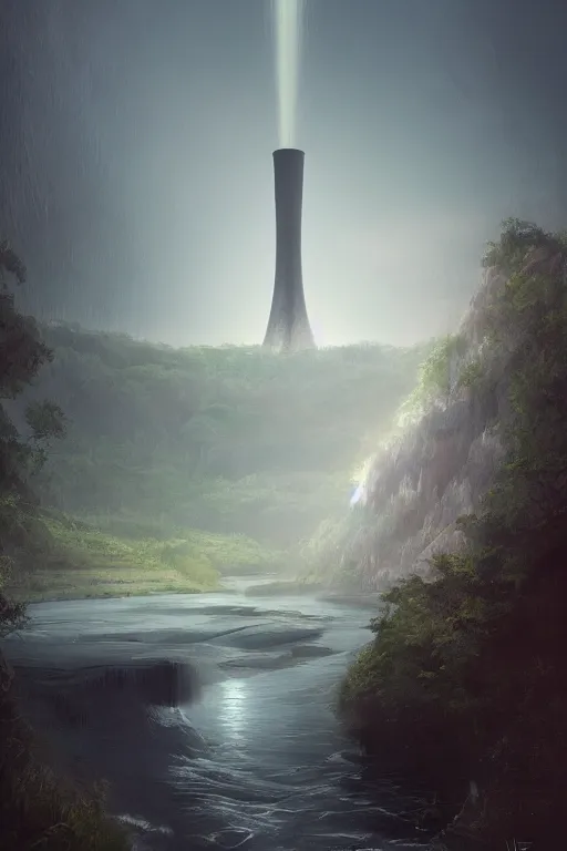 Image similar to magnificent view of a nuclear power plant standing on a hill in the middle of a river, intricate, elegant, volumetric lighting, digital painting, highly detailed, artstation, sharp focus, illustration, concept art, ruan jia, steve mccurry