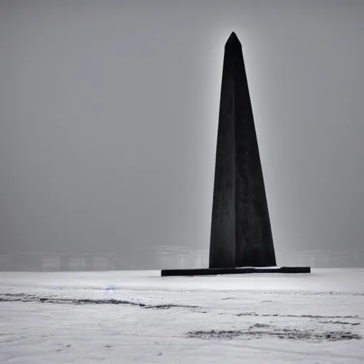 Image similar to a large obelisk on a ice plain. snowing, overcast sky, grainy.