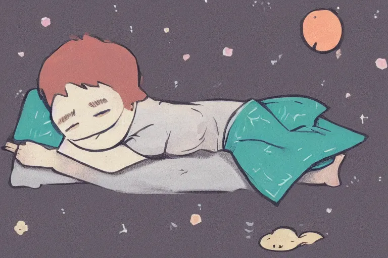 Image similar to Digital illustration of a kid sleeping on his bed at night, cute