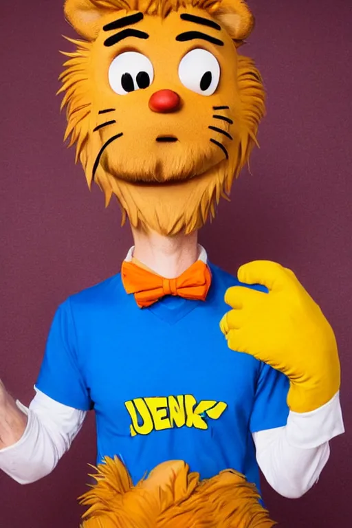 Image similar to portrait of Jacksfilms dressed in Garfield costume, starring in live-action adaptation of the comics, cosplay photograph,