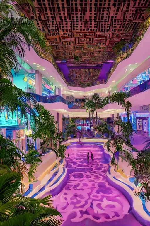 Image similar to vaporwave aesthetic indoor liminal 90s mall with a lazy river, cinematography by Wes Anderson, Wide angle shot, 4k octane render, Fuji film, intricate detail, photoreal, cinematic, sublime atmosphere