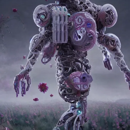 Image similar to intricate bio - robot human organs intertwined with white bio - robot flowers, intricate environment, matte painting, cinematic, epic composition, highly detailed, atmospheric, wide angle, artstation trending
