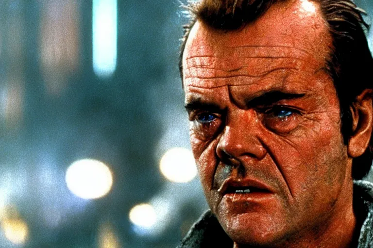 Image similar to 32 year old Jack Nicholson on blade runner 1982, movie still, face close-up, in color, detailed face, symmetrical face, 4k,