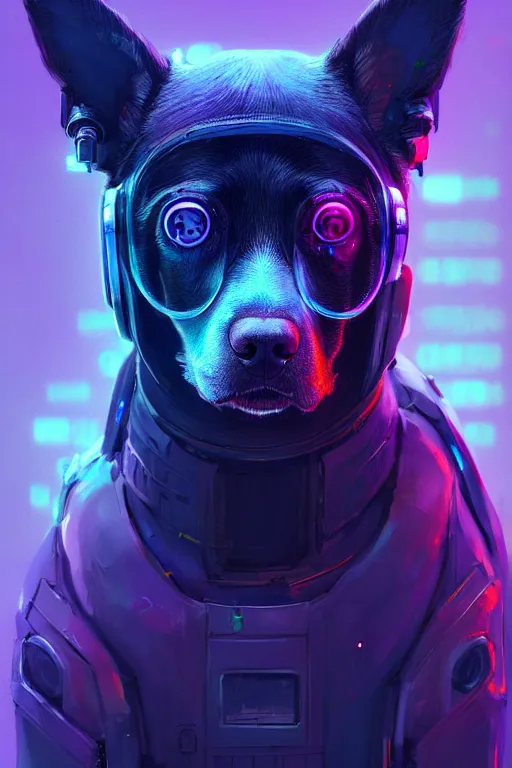 Image similar to a beautiful portrait of a cute cyberpunk dog by greg rutkowski and wlop, purple blue color scheme, high key lighting, volumetric light, digital art, highly detailed, fine detail, intricate, ornate, complex, octane render, unreal engine, photorealistic