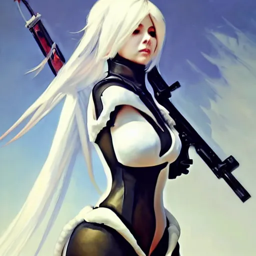 Image similar to greg manchess painting of a 2 yorha type a no. 2 as mercy from overwatch!! in a wartorn environment!!, white long hair, large white wings, trending on artstation, by huang guangjian and gil elvgren and sachin teng