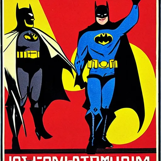 Prompt: batman and robin as a soviet propaganda poster