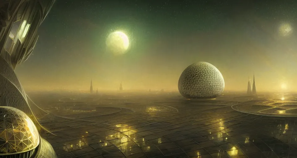 Image similar to futuristic city on the moon, geodesic domes, utopian, night sky, stars, digital painting, artstation, concept art, soft light, smooth, sharp focus, illustration, intricate, elegant, highly detailed, in the style of greg rutkowski and alphonse mucha and artemisia, 8 k, highly detailed, jurgens, rutkowski