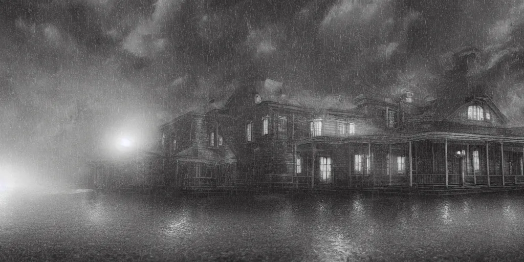 Image similar to Lovecraft Country, ultra detailed haunted house, stormy weather, rain, ultra detailed rain clouds, establishing atmospheric shot, unreal engine, F11 aperture, night, detailed volumetric fog, lighting and thunder, film grain, one ultra detailed grey 1948 Packard Station Sedan parked in the street,