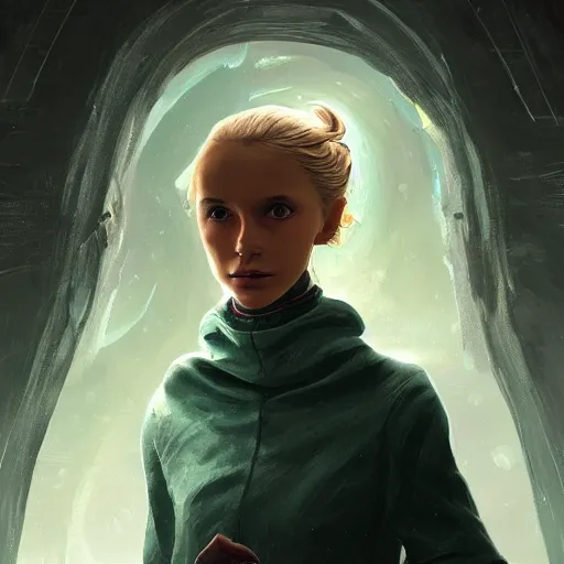 Prompt: A young girl apart of the alien resistance for her planet, Graceful body structure,cute,Symmetrical face,highly detailed,elegant,Marc Simonetti and Caspar David Friedrich, Trending on artstation