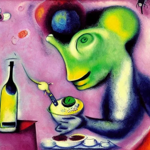 Prompt: an alien drinking horchata, detailed, painting by marc chagall