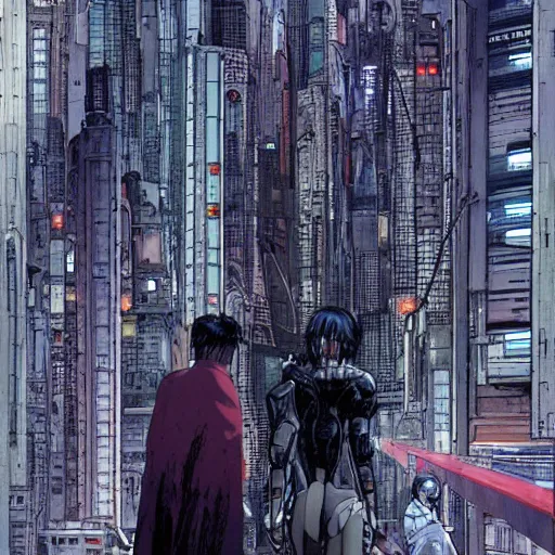 Prompt: Ghost in the shell by Enki bilal and Moebius, cyberpunk, impressive perspective, aesthetic, masterpiece