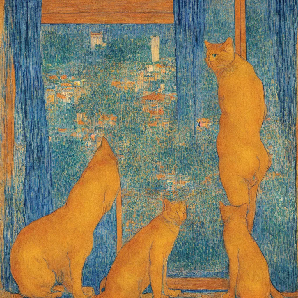 Prompt: woman and golden cat with italian city with gardens seen from a window frame with curtains. dark indigo blue, turquoise, gold, earth brown. sunset. bonnard, henri de toulouse - lautrec, utamaro, matisse, monet