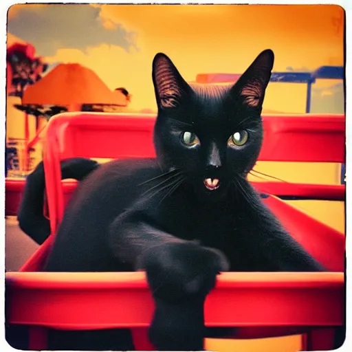 Prompt: black cat on a rollercoaster. happy. sunlight. polaroid photo. bright colors.